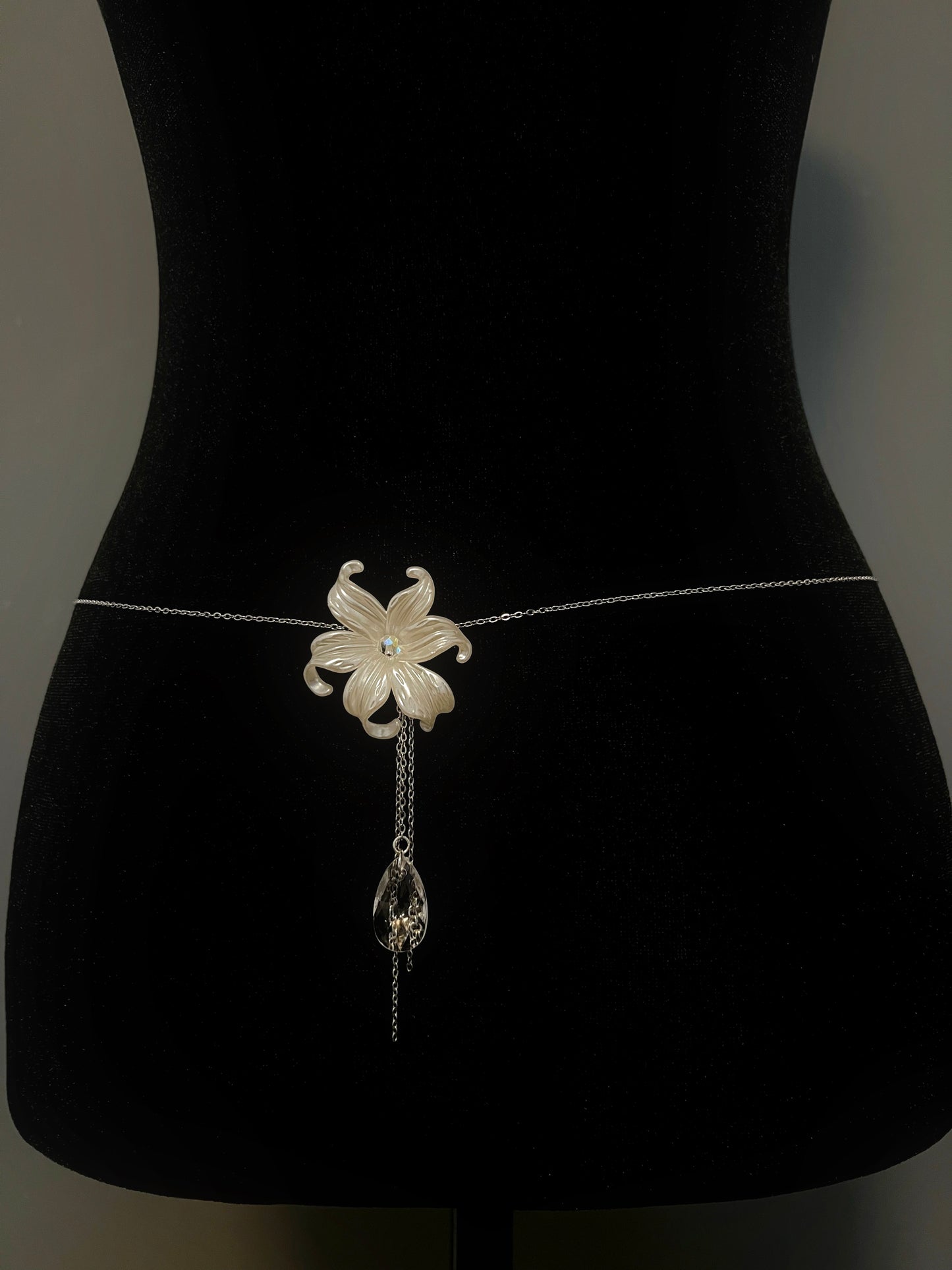 Iris Flower Crystal Droplet Silver Waist Chain