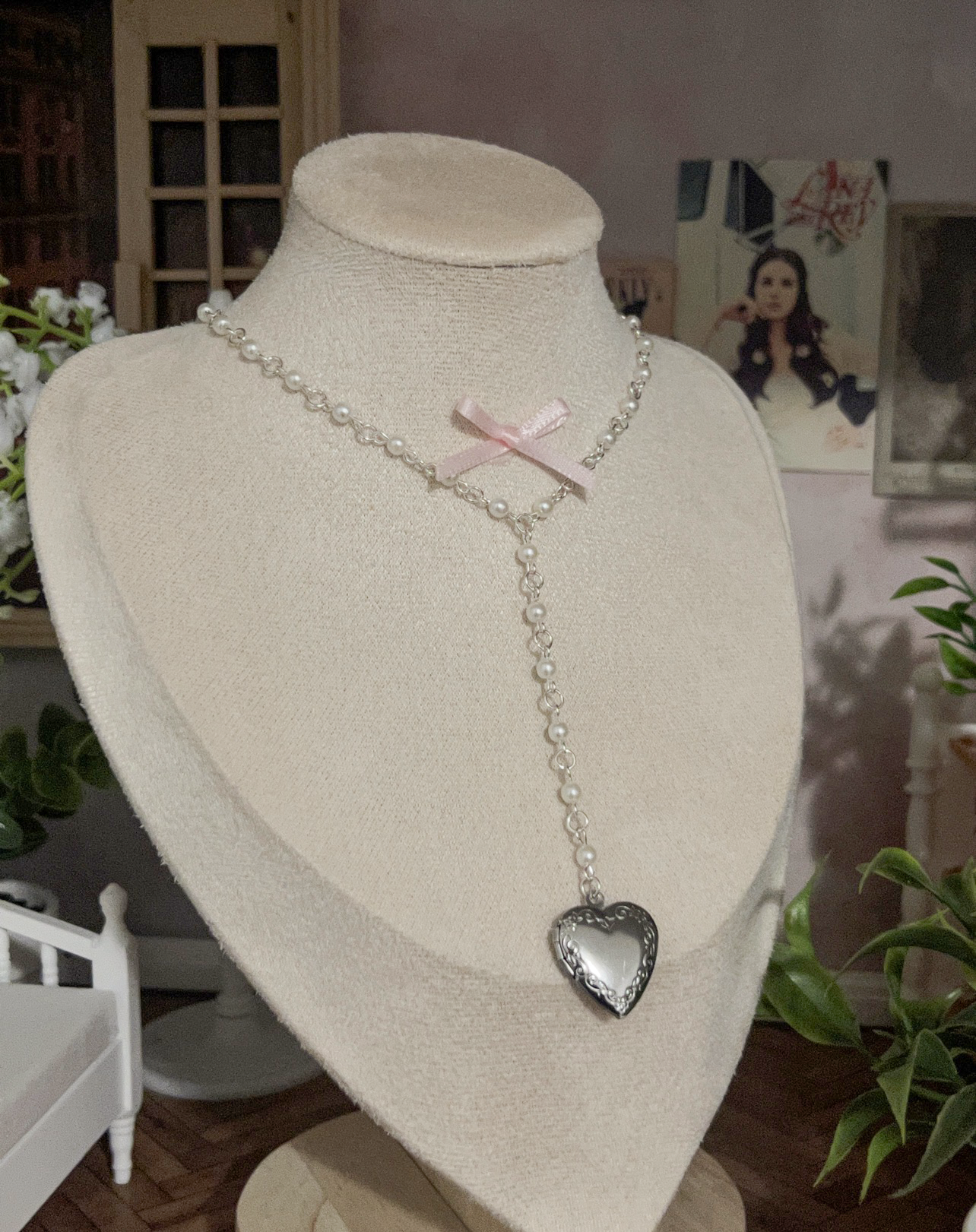 Pearl necklace with pink bow and heart locket, handmade jewelry for elegant styling