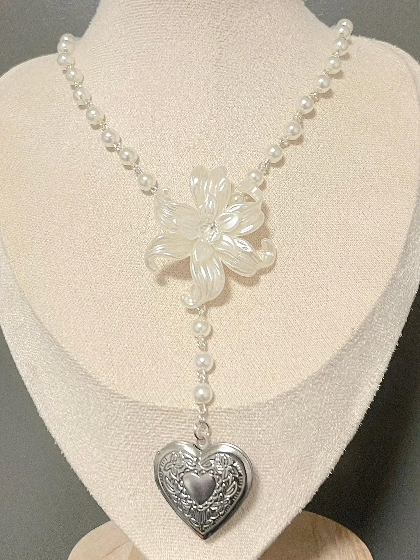 Pearl necklace with floral pendant and heart locket, handmade jewelry for elegant occasions
