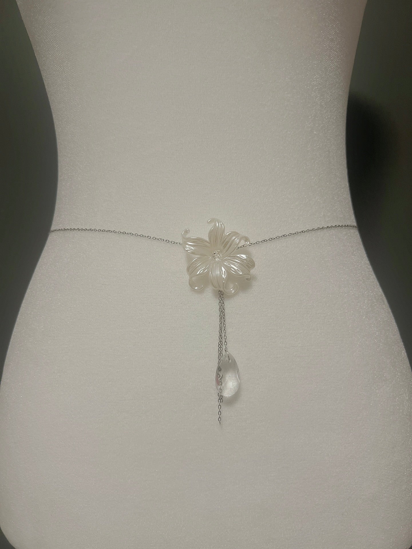 Delicate white flower waist chain with crystal pendant, handmade boho accessory for women