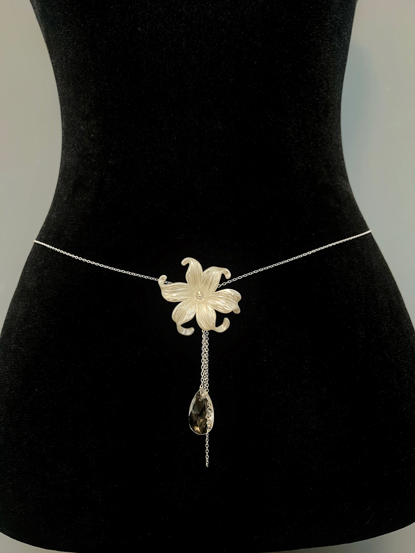 Iris Flower Crystal Droplet Silver Waist Chain