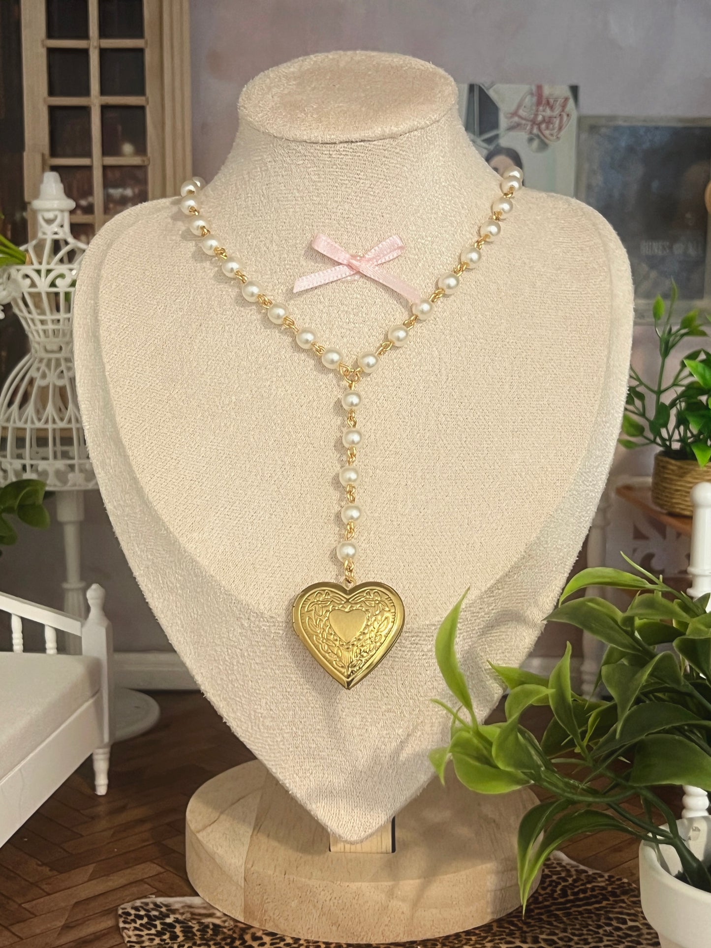 Gold heart locket necklace with pearls and pink bow, handmade jewelry
