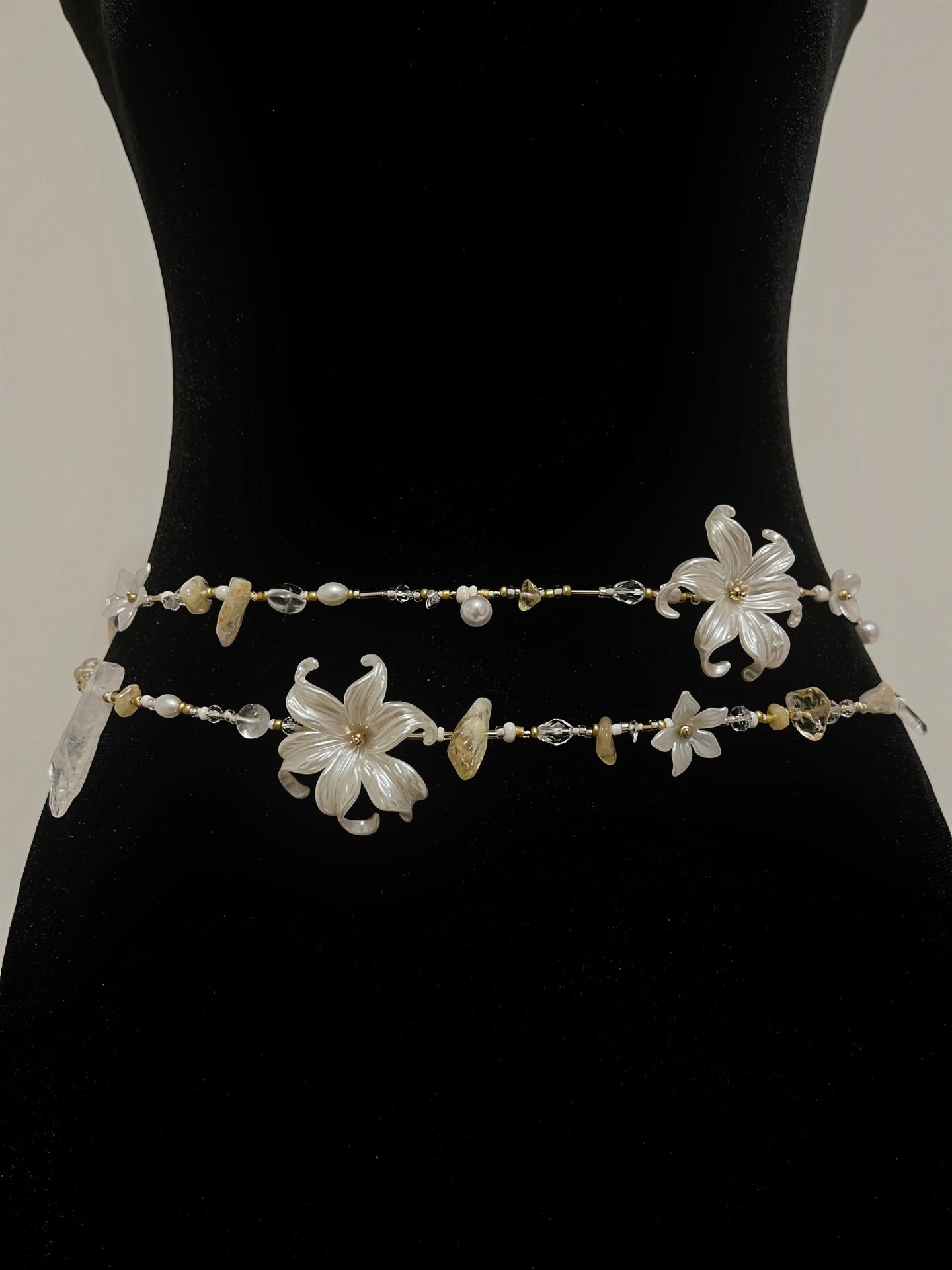 Handmade floral waist beads with pearls and crystals, elegant boho accessory for women