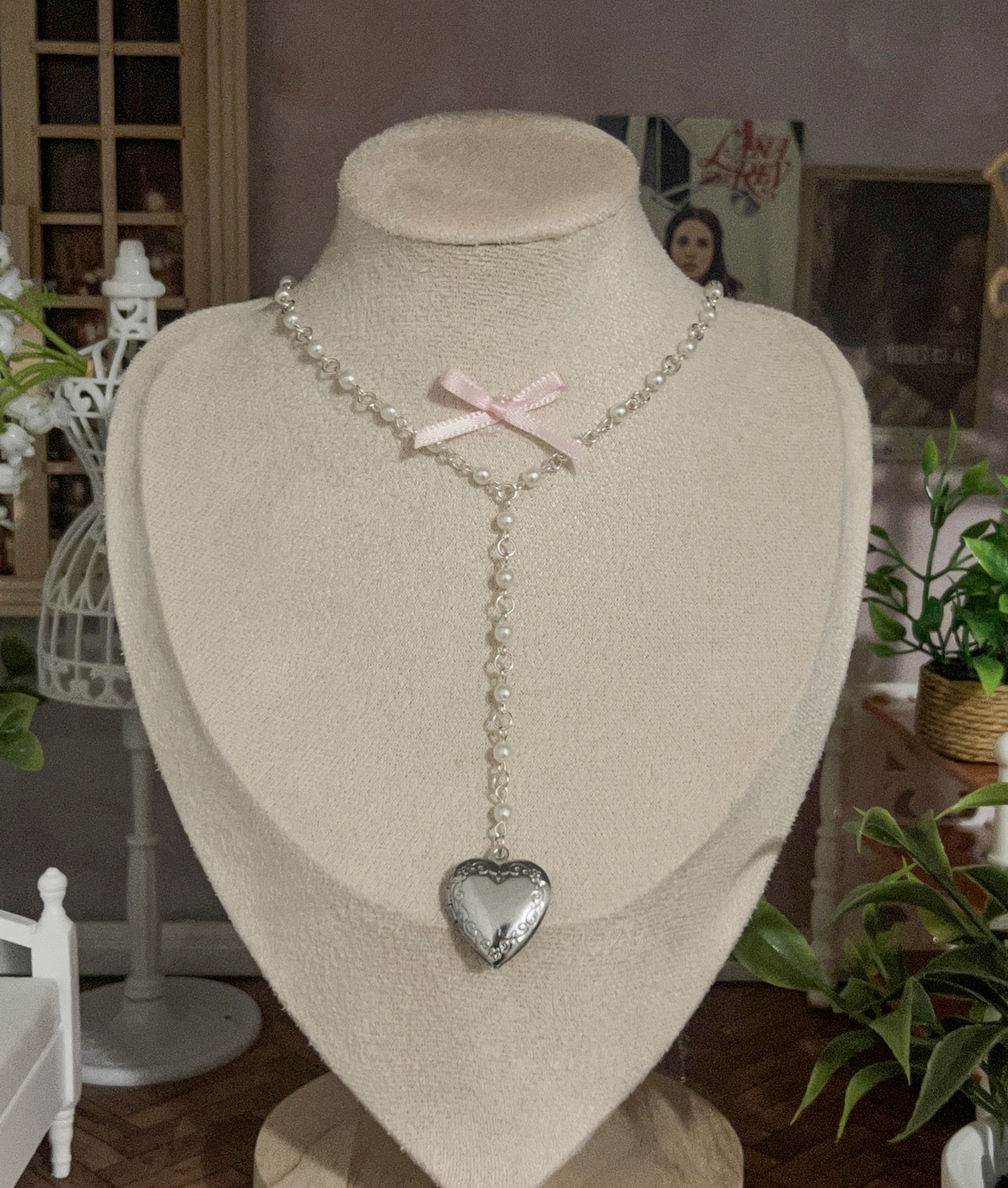 Pearl necklace with pink bow and heart locket, handmade jewelry for elegant occasions