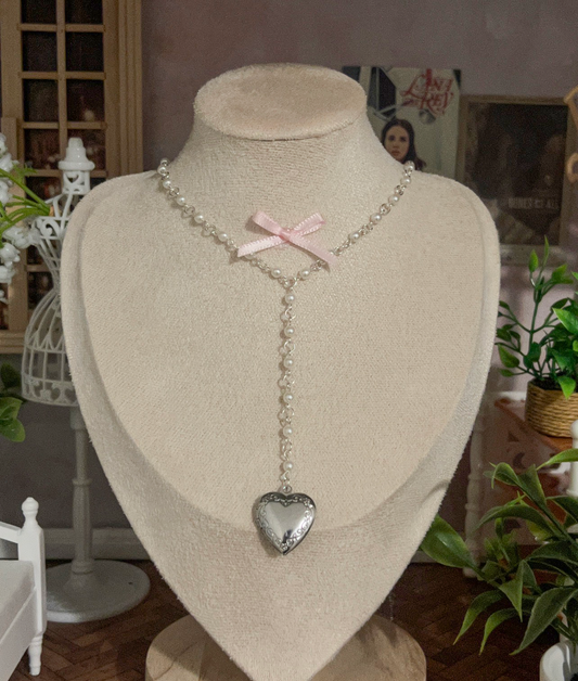 Pearl necklace with pink bow and heart locket, handmade jewelry for elegant occasions