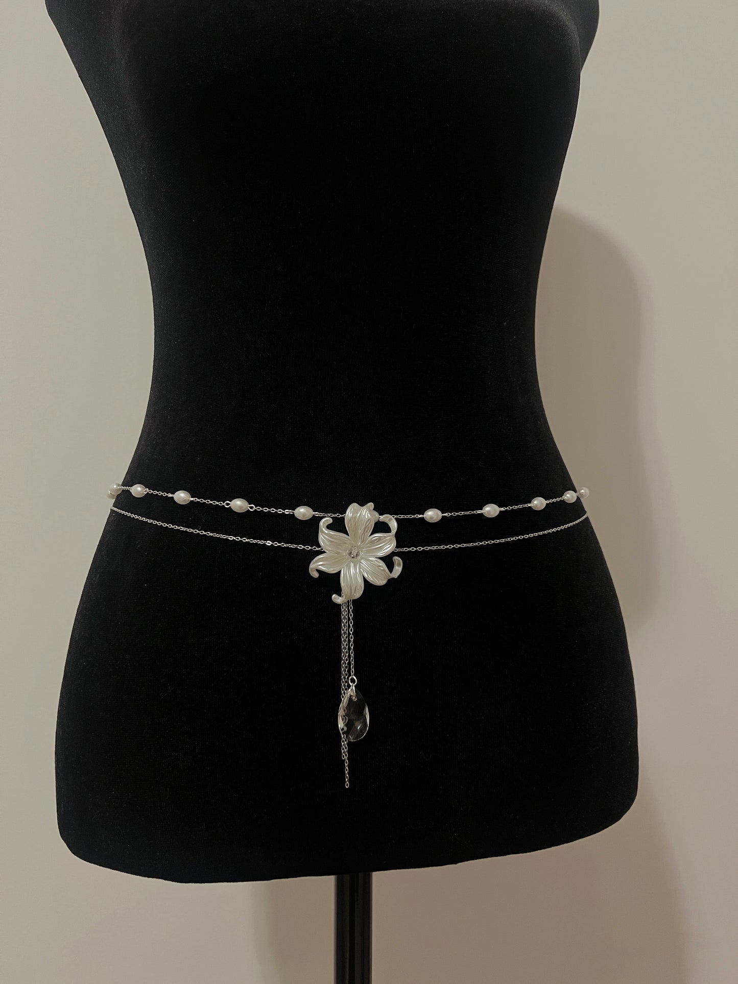 Pearl waist chain set of 2, one with a flower piece and a second with pearl links