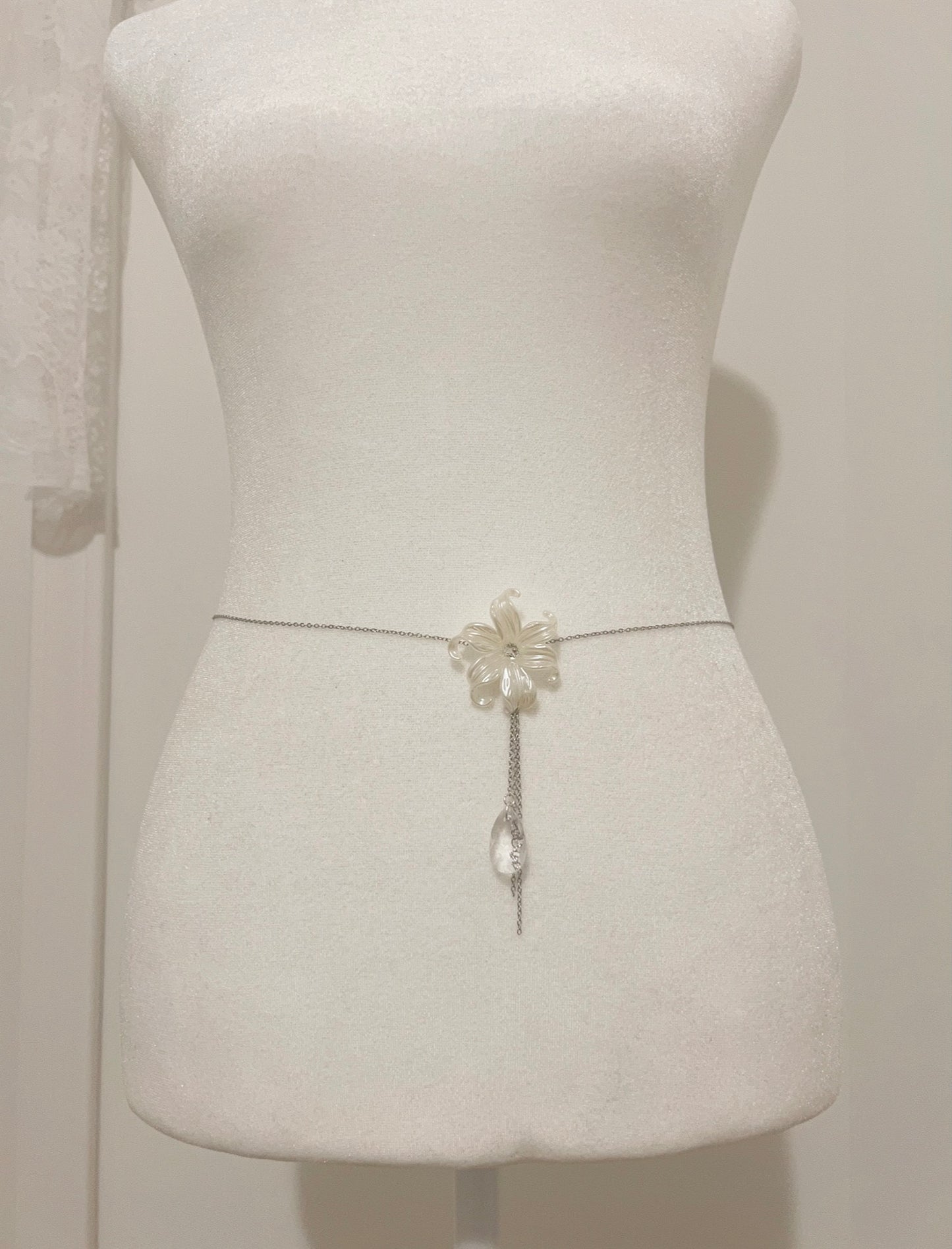 Delicate white flower waist chain with crystal drop, handmade boho accessory for women