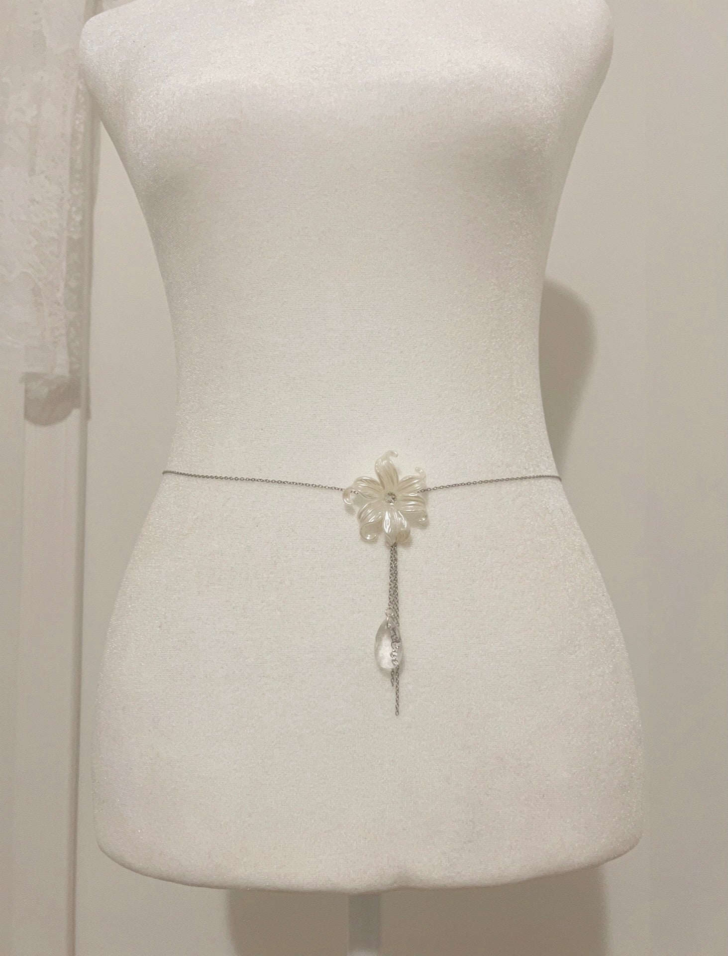 Delicate white flower waist chain with crystal drop, handmade boho accessory for women
