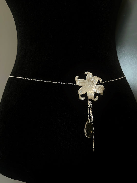 Iris Flower Crystal Droplet Silver Waist Chain