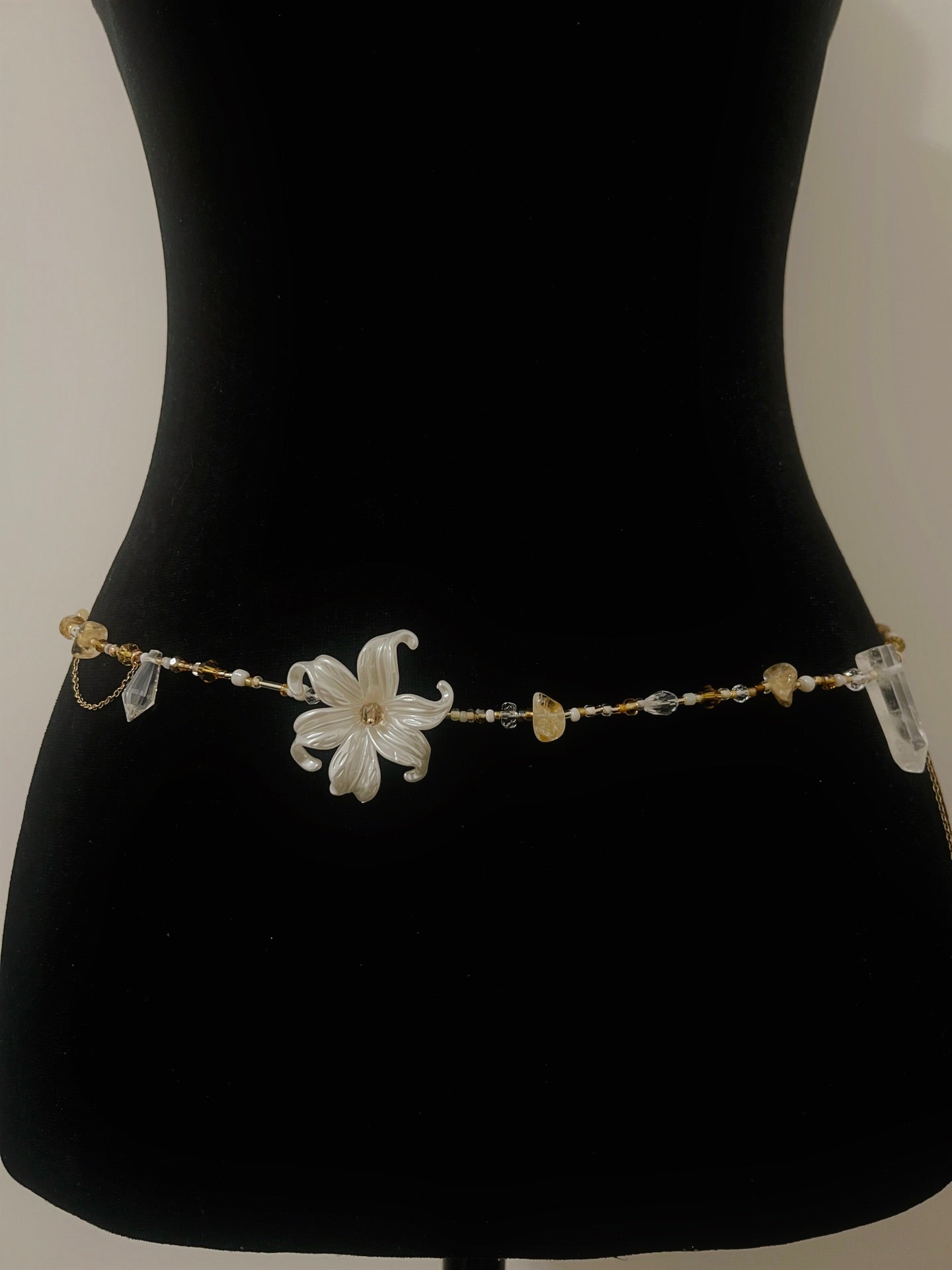 Handmade flower waist chain with crystal beads and gold accents, elegant boho accessory for women