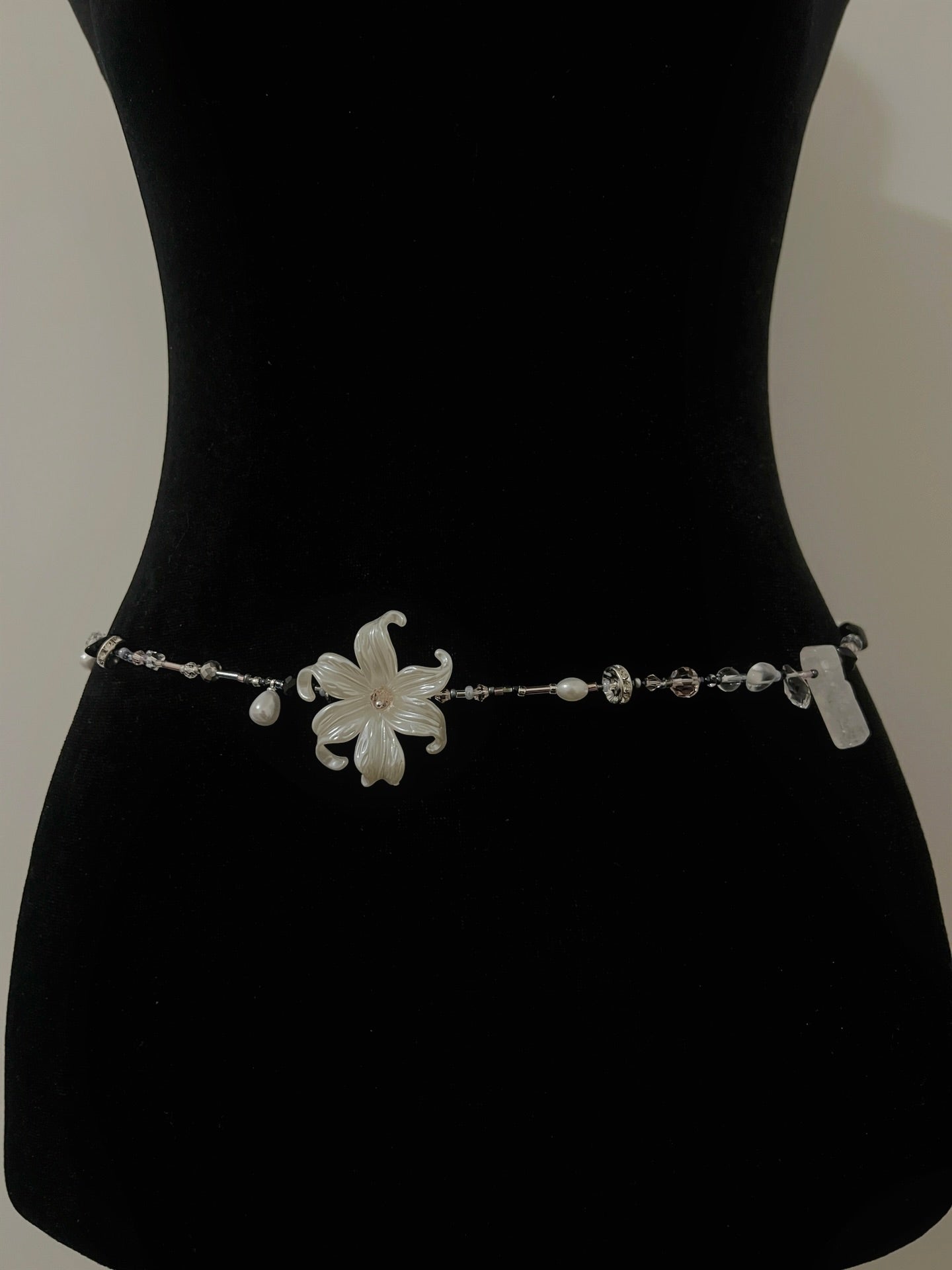 Elegant floral waist bead with pearls and crystals, handmade for boho style